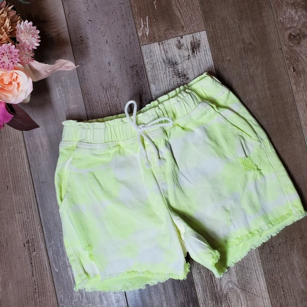 Justice Yellow and White Tie-Dye Elasticized Waistband Denim Shorts Size 12 NWOT